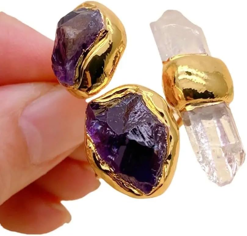 Handcrafted Natural Stone Ring, Gold Plated Amethyst and Quartz Crystal, 13x34mm, Adjustable Designer Statement Jewelry