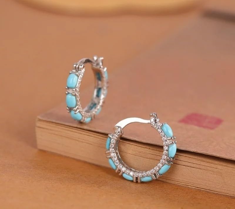 Turquoise S925 Silver Cubic Zirconia Hoop Earrings for Women