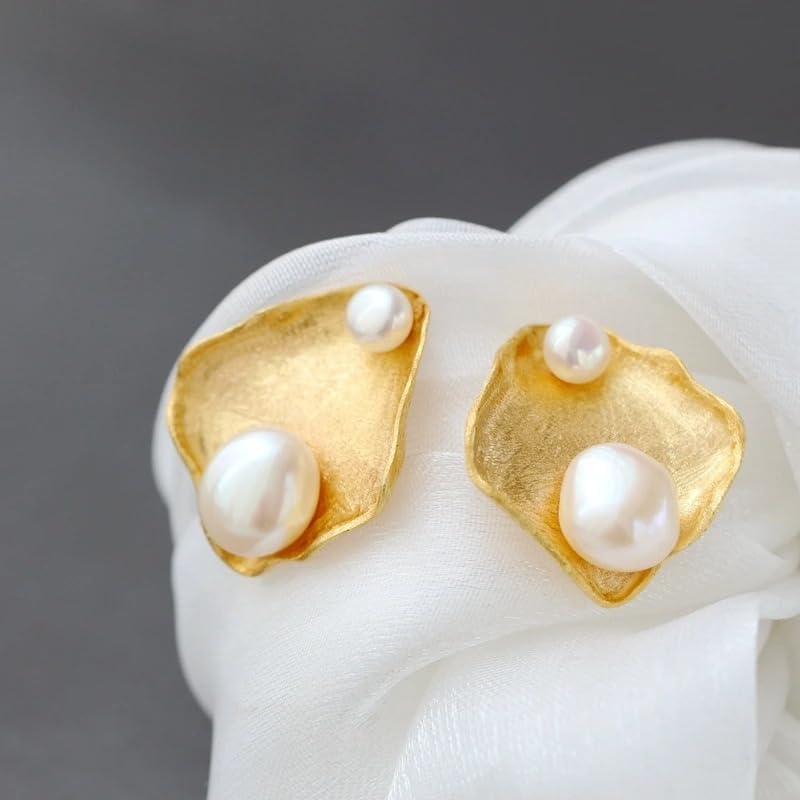 18K Gold Plated Earrings with Natural Freshwater Baroque Pearls, 925 Sterling Silver Stud Earrings
