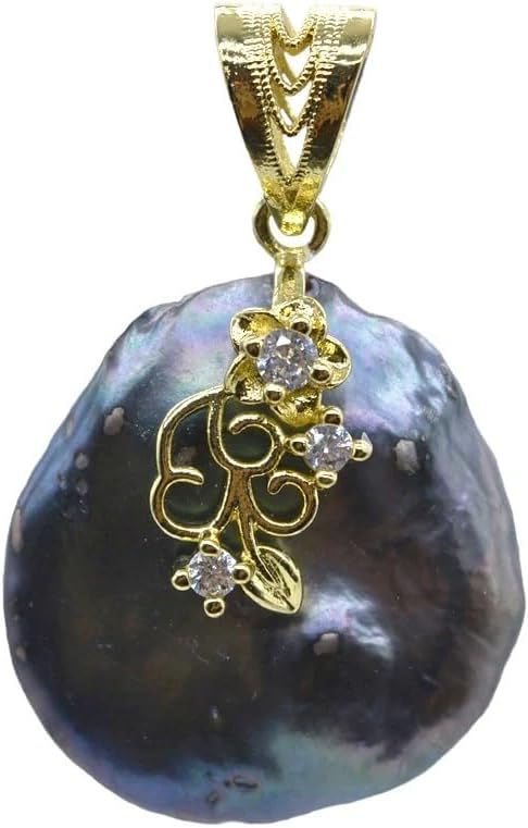 Black Baroque Pearl Pendant, 24mm Natural Freshwater Pearl, Gold-Plated Sterling Silver with Zircon Stones