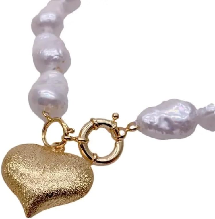 Baroque White Sea Shell Pearl Necklace with Brushed Gold Heart Pendant, 15x22mm Pearls, 30x26mm Pendant