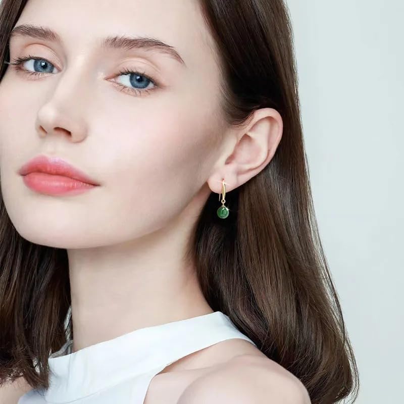 18K Gold Natural Green Chalcedony Drop Earrings, Elegant Dangle Style with Round Gemstone Beads