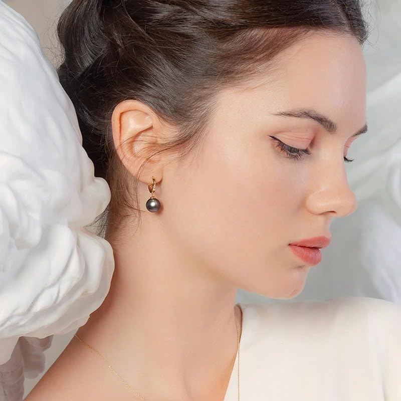 14K Gold Black Pearl Drop Hoop Earrings, Classic Dangle Style