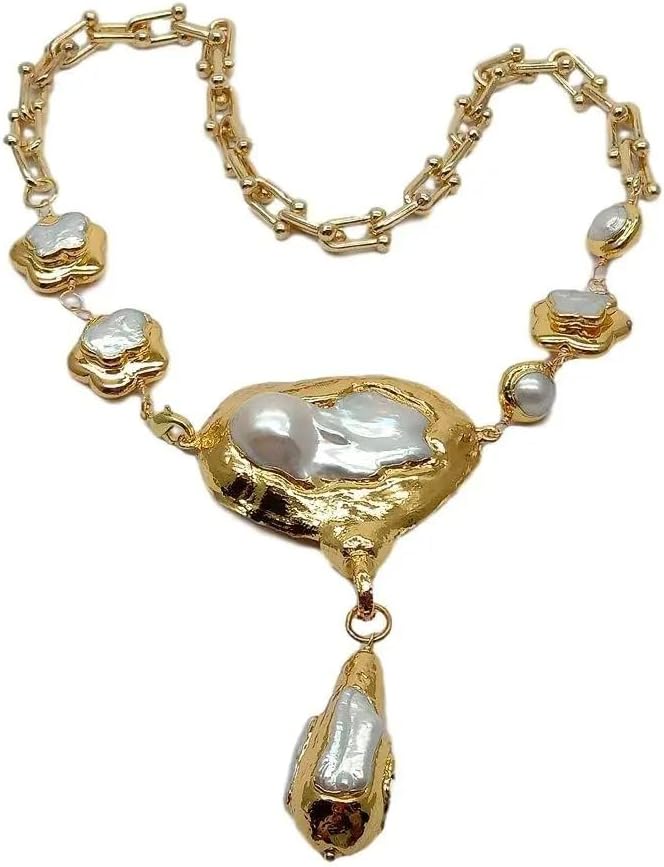 Generic Cultured White Keshi Flower Pearl Chain Necklace, Golden