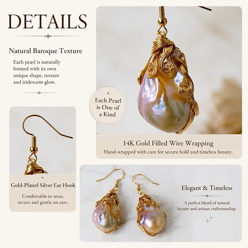 Natural Freshwater Baroque Pearl Earrings 14K Gold Filled