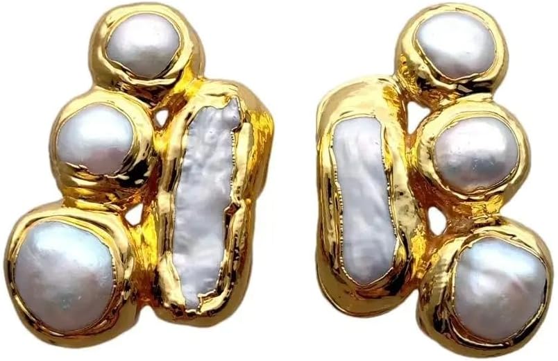 Gold Plated Cultured White Pearl Chunky Stud Earrings for Women