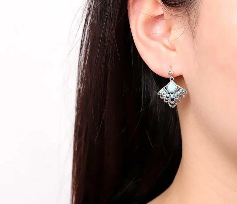 Vintage Style Turquoise Drop Earrings, 925 Sterling Silver, Peacock Tail Fan Design, Bohemian Dangle Statement Jewelry for Women