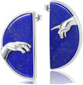 925 Sterling Silver Lapis Lazuli Creation of Adam Hand Stud Earrings, Semi-Circle Design