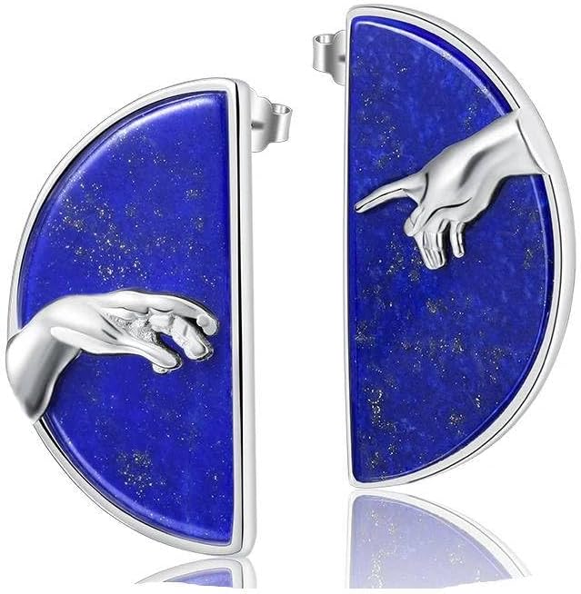 925 Sterling Silver Lapis Lazuli Creation of Adam Hand Stud Earrings, Semi-Circle Design