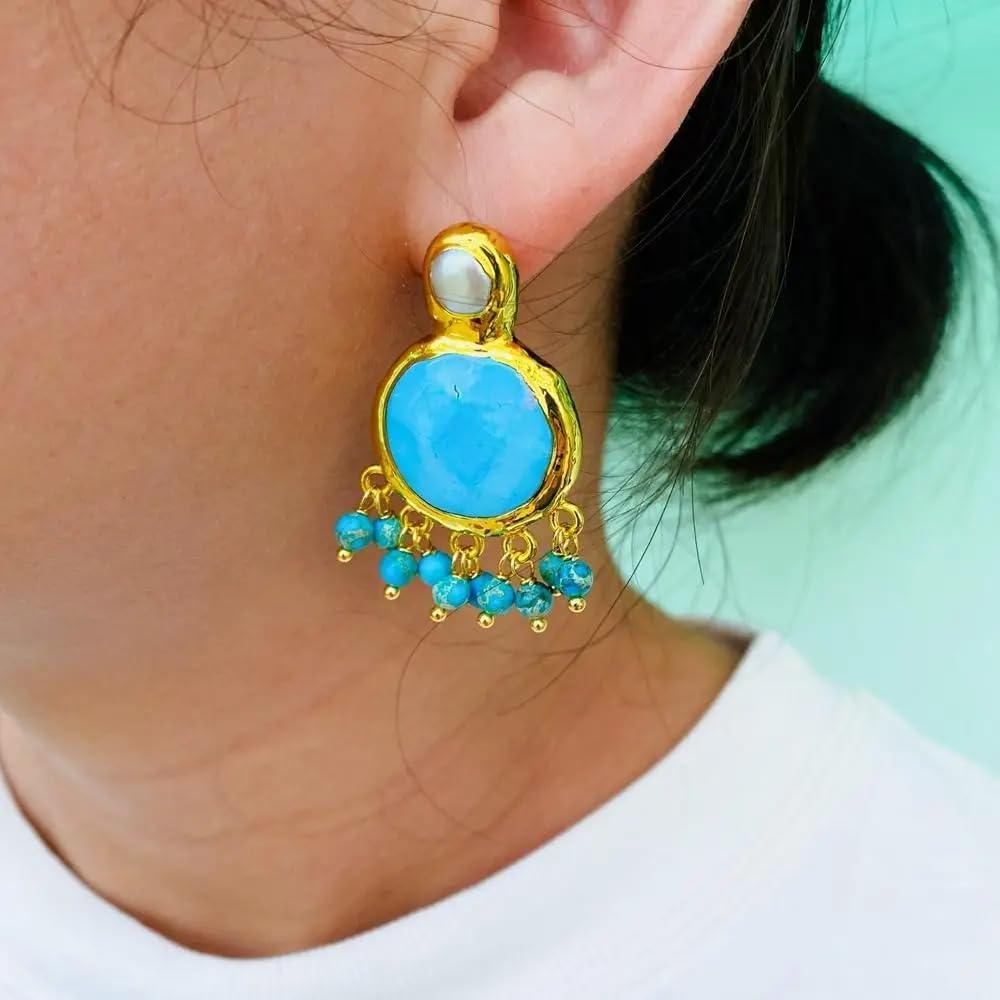 Elegant Gold Plated Turquoise Pearl Dangle Stud Earrings, 22mm, Blue Stone with Pearl Accent, Chandelier Style