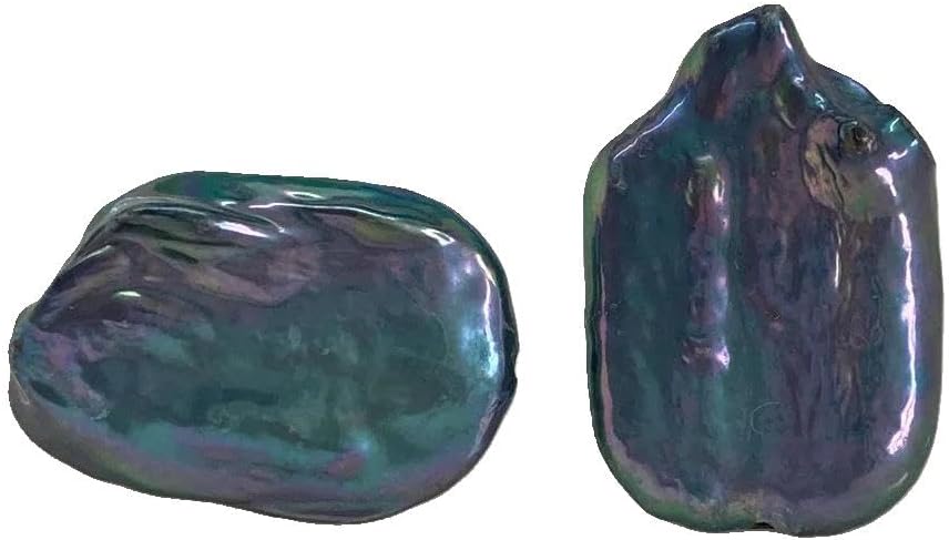 Natural Freshwater Pearl Stud Earrings, Baroque Irregular Rectangle Shape, Peacock Blue Black, 15x22mm