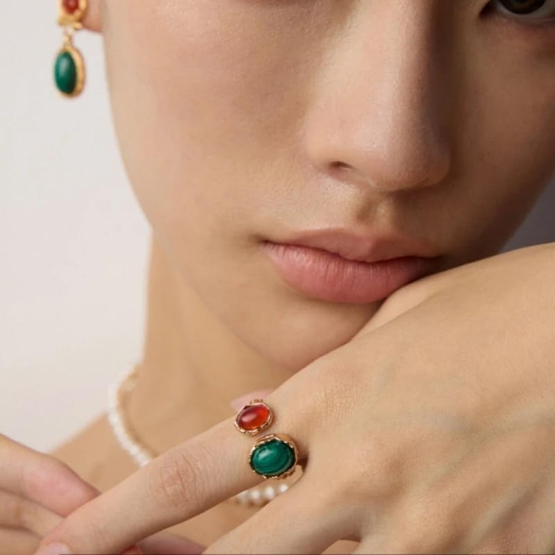 925 Sterling Silver Malachite Agate Tiger's Eye Stone Open Ring