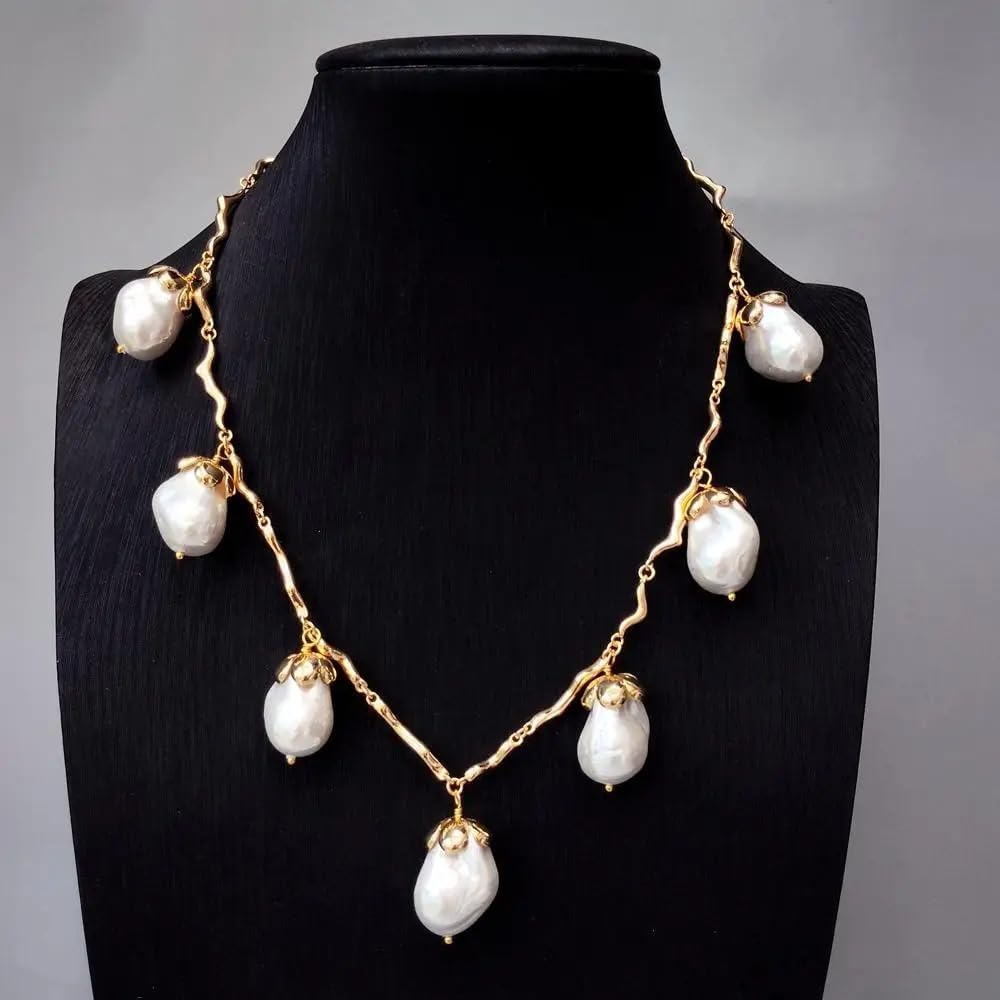 Gold Plated White Sea Shell Pearl Chain Link Necklace