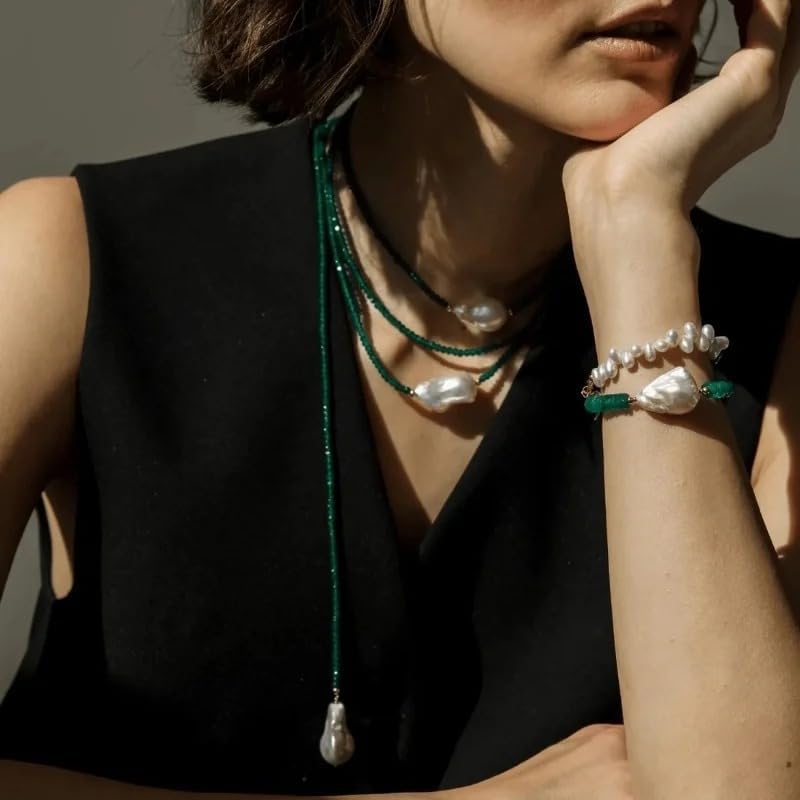 Natural Freshwater Pearl Green Agate Sweater Necklace 120cm for Women