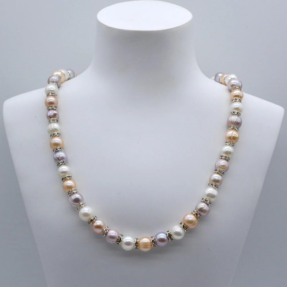 Freshwater Pearl Necklace with Cubic Zirconia, Natural Rainbow Multicolor Round Pearls, Classic Style
