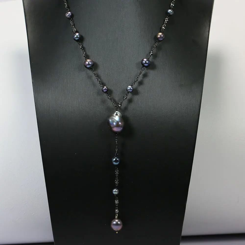 Baroque Black Pearl Necklace with CZ Crystal Chain, Cultured Round Pearls, Gunmetal Gold Plated Pendant