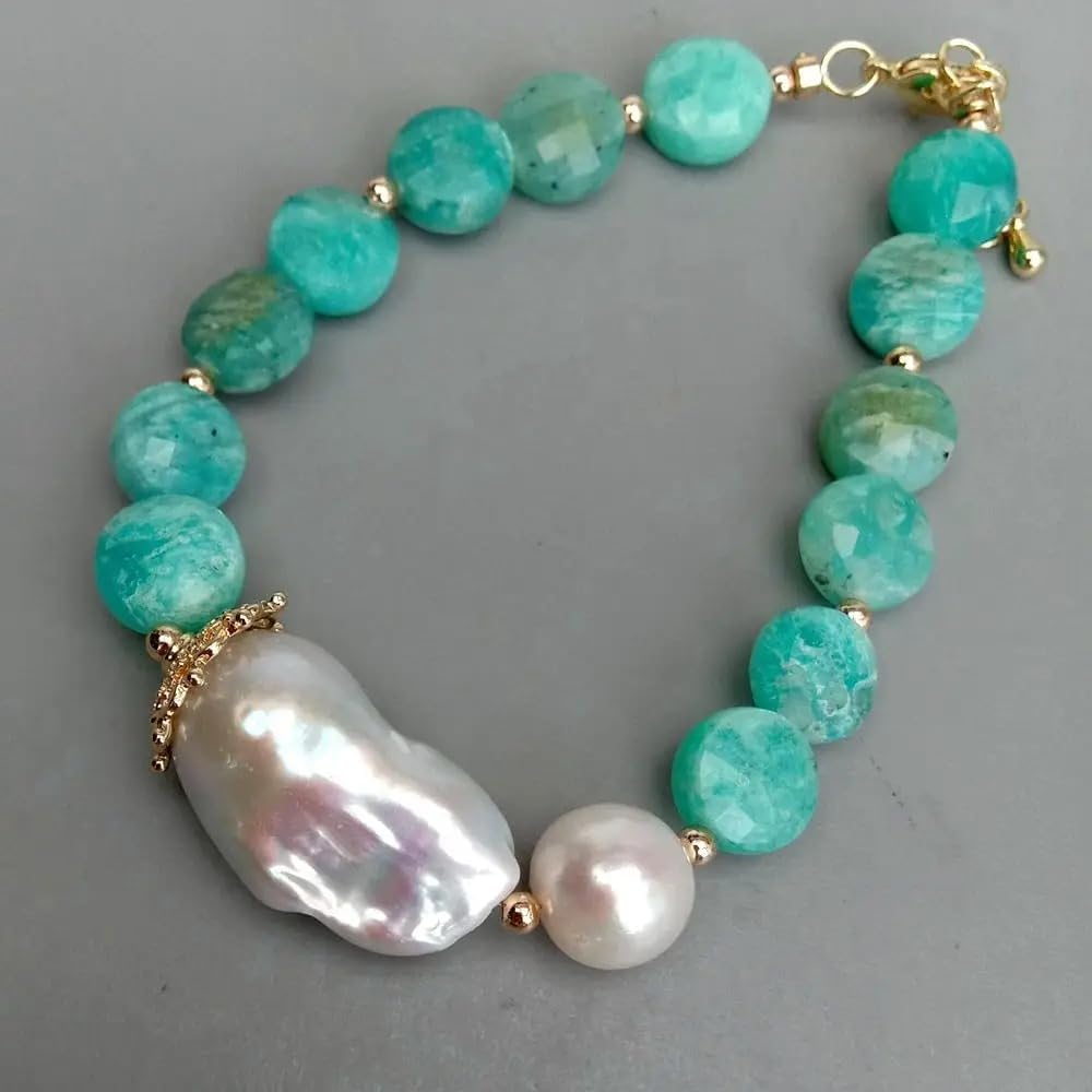 Freshwater Cultured White Keshi Baroque Pearl & Amazonite Bracelet | Pearl Size,, Natural Green Stone, Peruvian Amazonite, Beaded Design