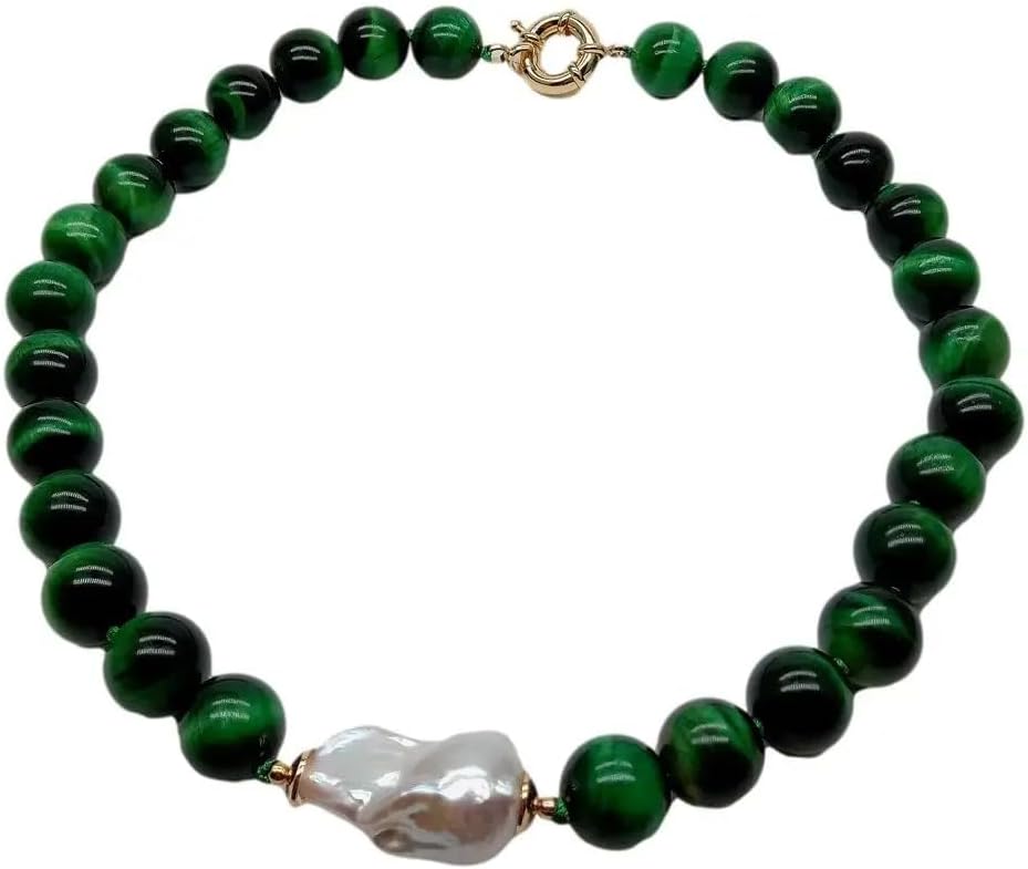 14mm Round Green Tiger Eye Cultured White Keshi Pearl Necklace