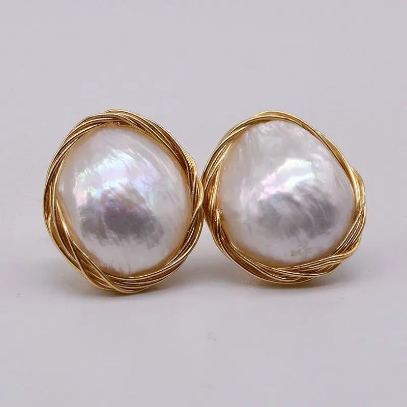 White Natural Freshwater Pearls Genuine Baroque Handmade Stud Earrings