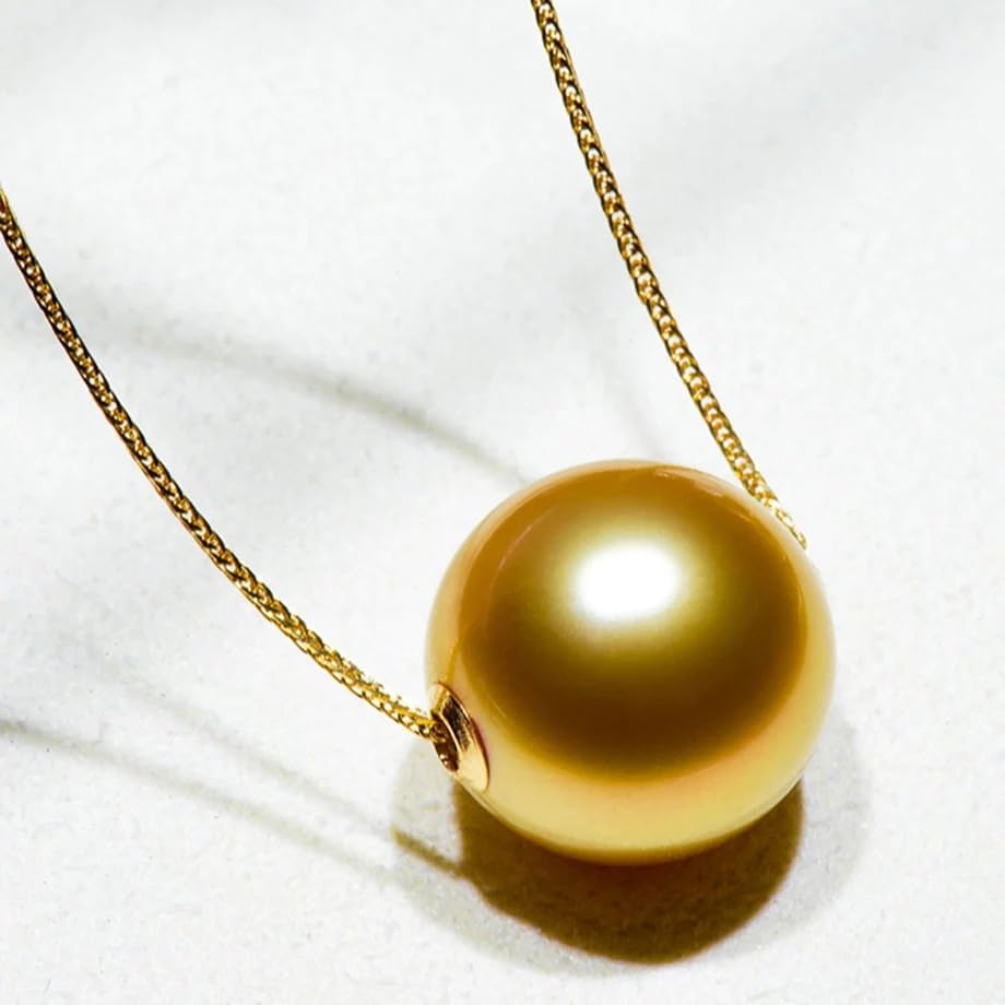 Natural South Sea Pearl Pendant Necklace, 13-14mm Golden Pearl, 18K AU750 Gold Chopin Chain
