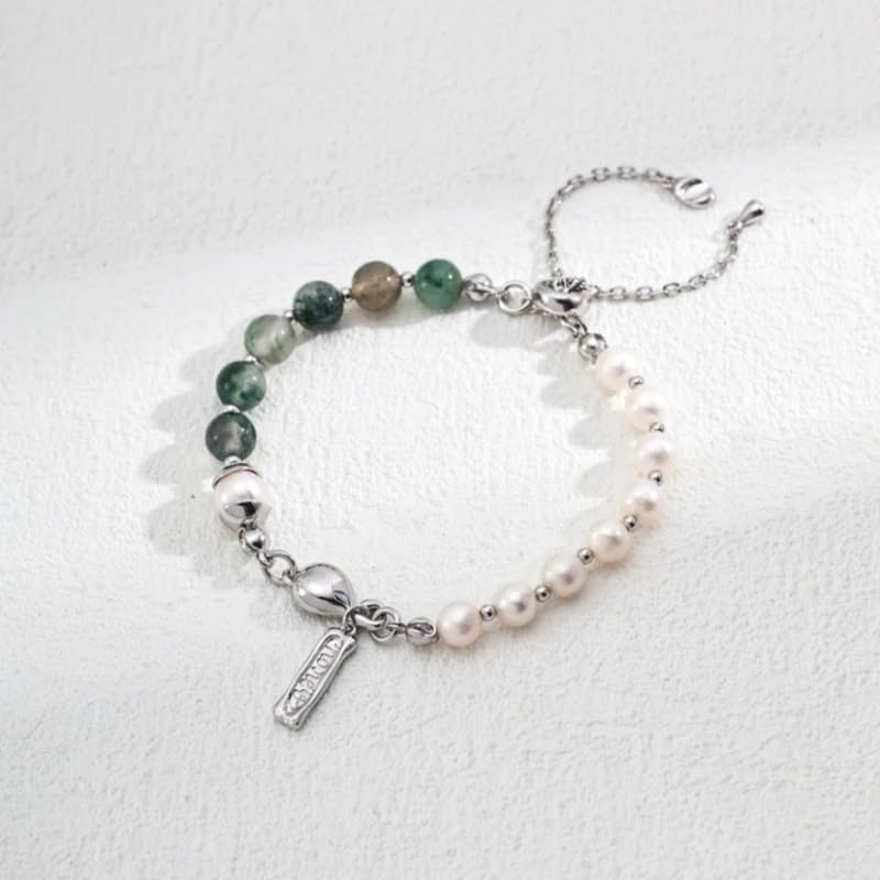 Pearl Moss Agate S925 Silver Beaded Charm Bracelet 24cm