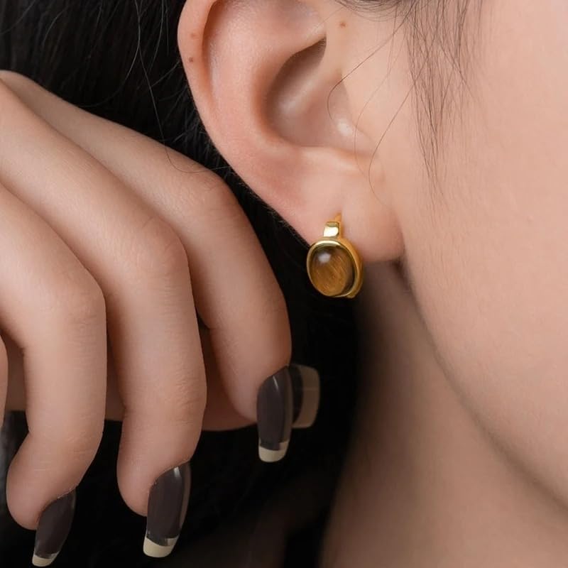 Generic Sterling Silver Tiger's Eye Oval Huggie Hoop Earrings, Gold Plated, 20x23mm, Vintage Style, Women's Casual Jewelry