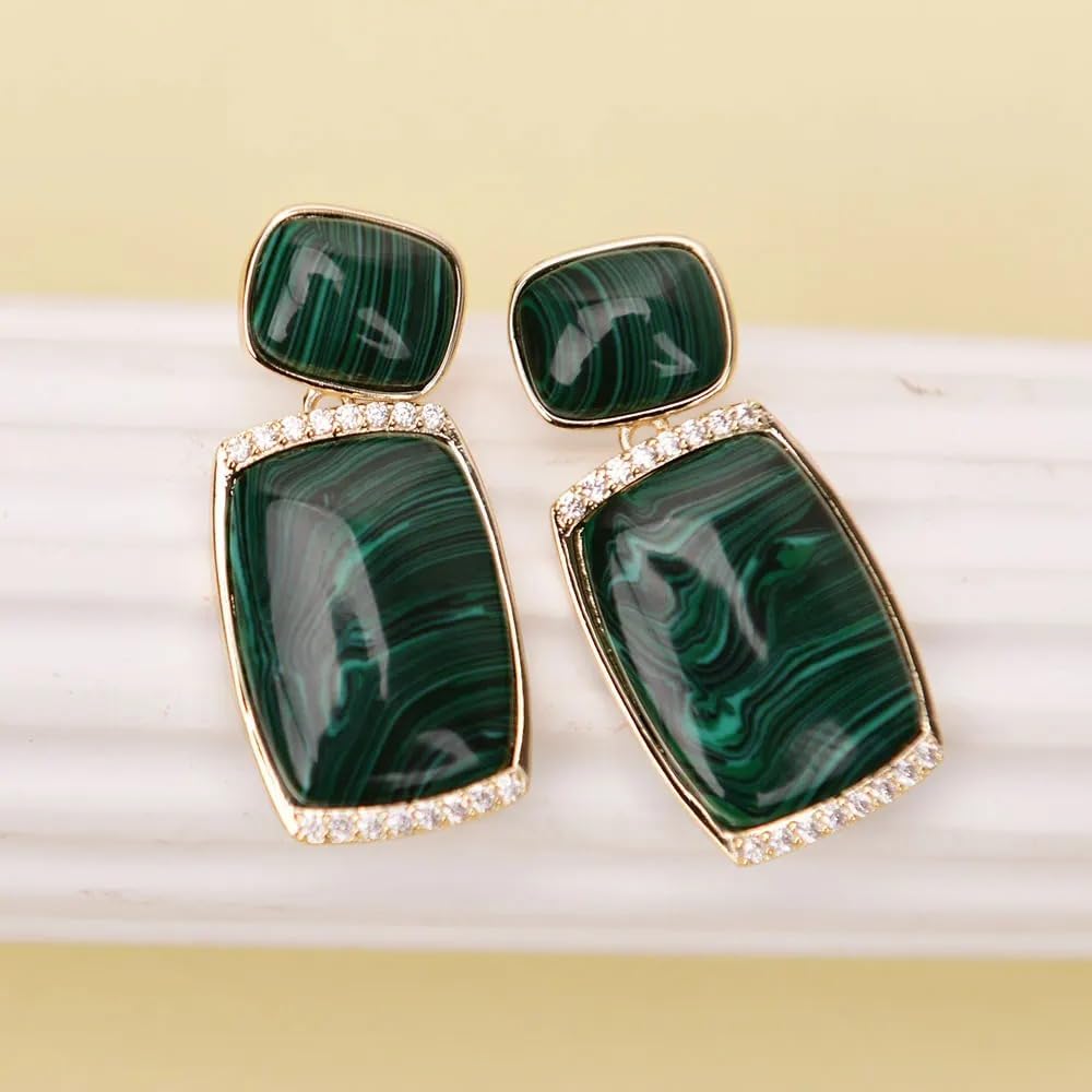 Sterling Silver Vintage Malachite Dangle Earrings, Green Natural Stone with Zircon Paved, 20x23mm, Gold Plated Rectangular Stud
