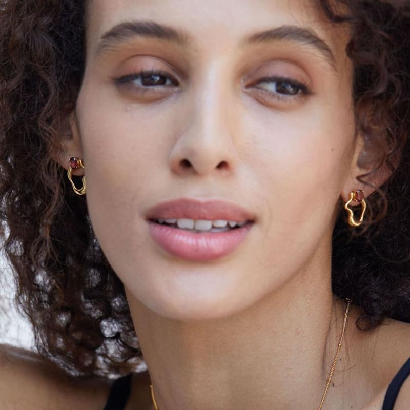 Natural Garnet S925 Silver Gold Plated Earrings For Women Irregular Geometric Unique Design Cute Chic Stud Earring