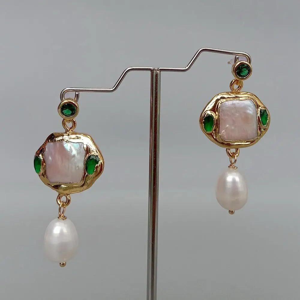 Freshwater Cultured White Square Pearl Rice Pearl Green Crystal Dangle Stud Earrings