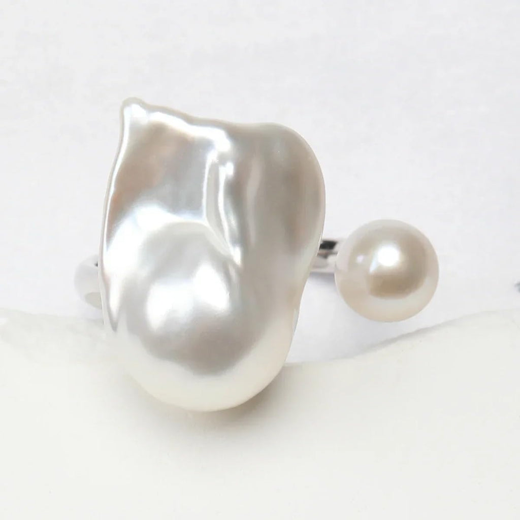 Aurora Bright White Baroque Freshwater Akoya Double Pearl Ring