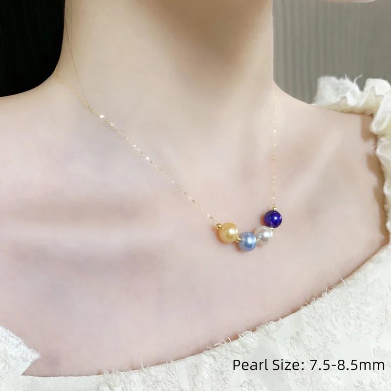 Natural Freshwater Pearl Pendant Necklace, 18K Yellow Gold Chain AU750, 7.5-8.5mm Multi-Color Pearls, Women's Wedding Jewelry
