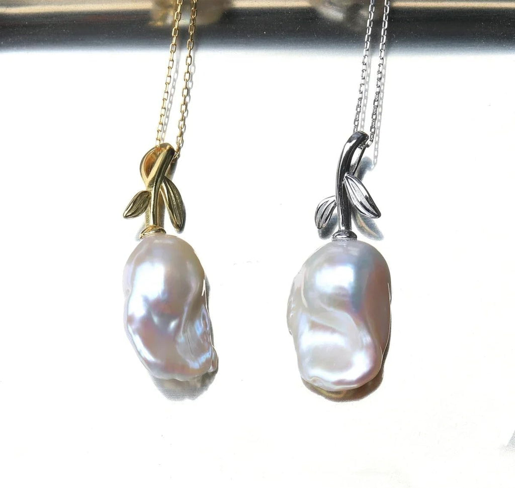 Pure Natural Baroque Pear S925 Sterling Silver Leaf Flower Pendant