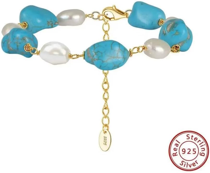 925 Silver Gold Plated Turquoise Stone White Pearl Strand Bracelet