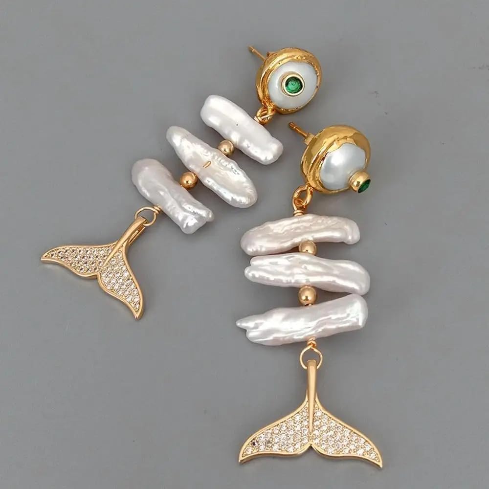 Elegant Pearl Drop Earrings, White Biwa Freshwater Cultured Pearl with CZ Pave Mermaid Tail, Gold Plated Stud Design