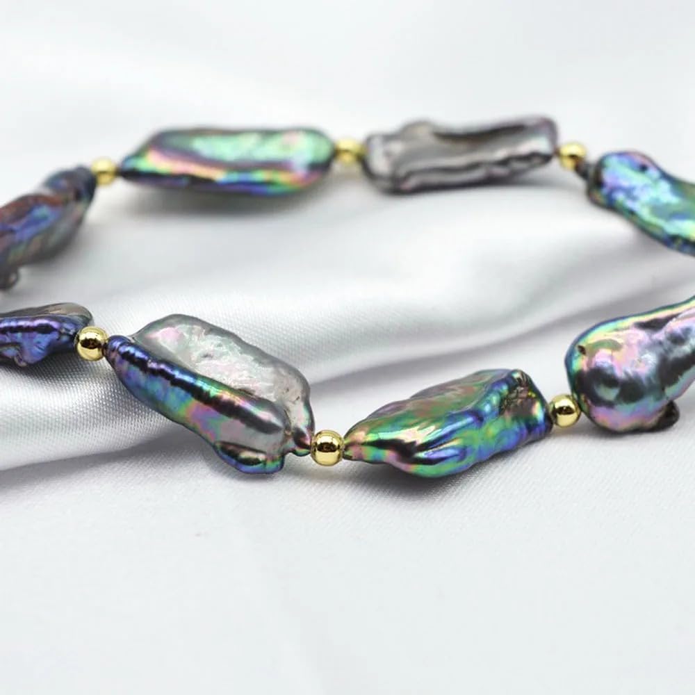 Genuine Black Baroque Freshwater Pearl Stretch Bracelet, Multicolor Iridescent