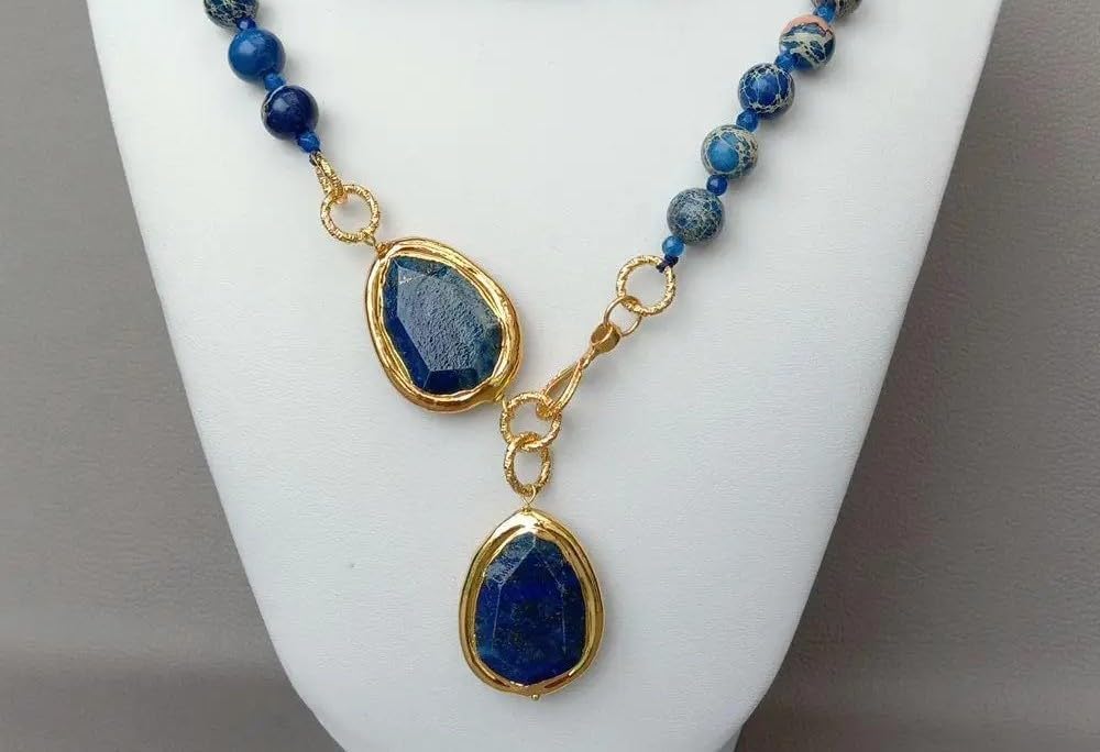 Natural Blue Sea Sediment Jasper Lapis Chunk Pendant Necklace | Round Shape, Natural Stone, Sea Sediment Jasper, Blue Lapis, Pendant Style