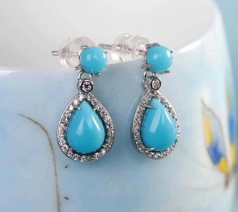 925 Silver Blue Turquoise Cubic Zirconia Teardrop Drop Earrings