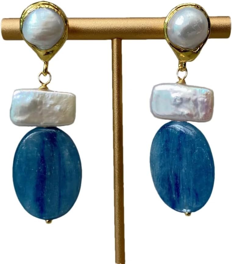 Blue Kyanite Cultured White Biwa Pearl Geometric Dangle Earrings
