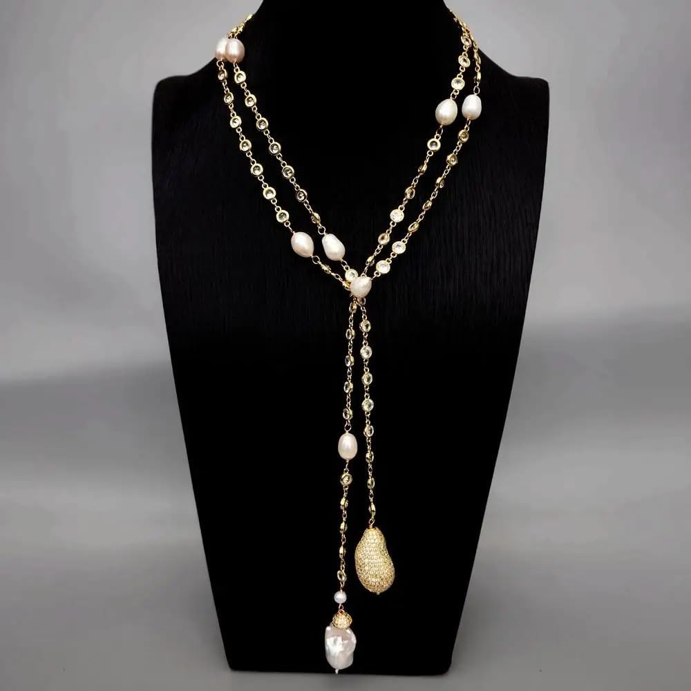 White Baroque Pearl CZ Pave Rosary Chain Long Necklace