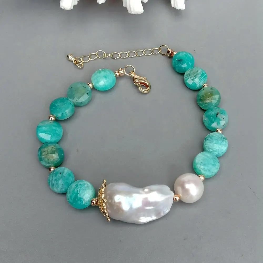Freshwater Cultured White Keshi Baroque Pearl & Amazonite Bracelet | Pearl Size,, Natural Green Stone, Peruvian Amazonite, Beaded Design
