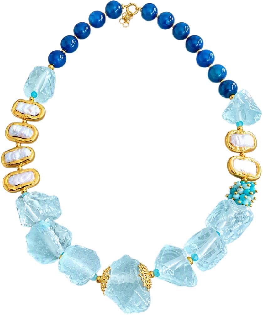 Raw Aquamarine Blue Agate Baroque Pearl Beaded Necklace