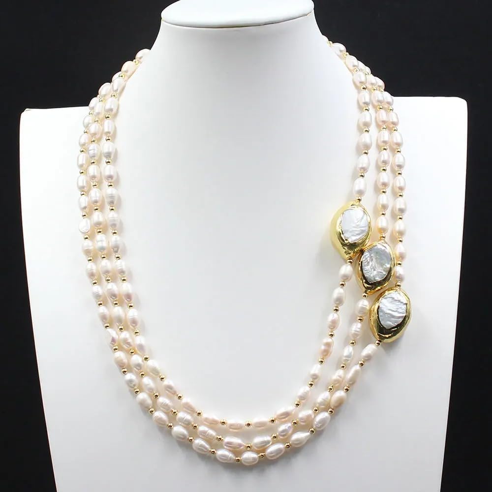 3-Row Cultured Rice Pearl Necklace with Keshi Pearl and Gold Plated Connector, White Choker