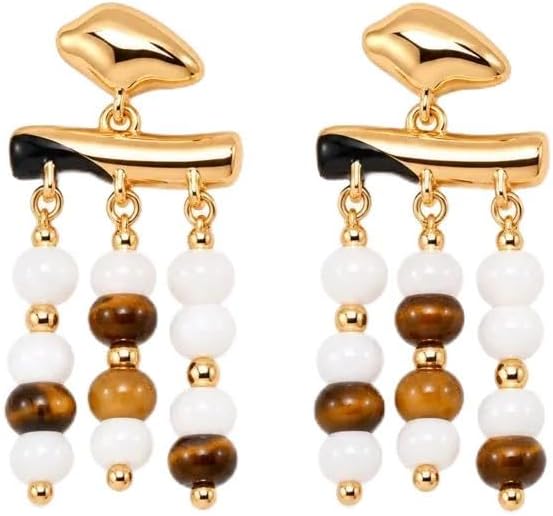 S925 Silver Tiger's Eye Stone Mother of Pearl Tri Tassels Drop Earrings