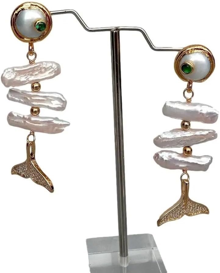 Elegant Pearl Drop Earrings, White Biwa Freshwater Cultured Pearl with CZ Pave Mermaid Tail, Gold Plated Stud Design