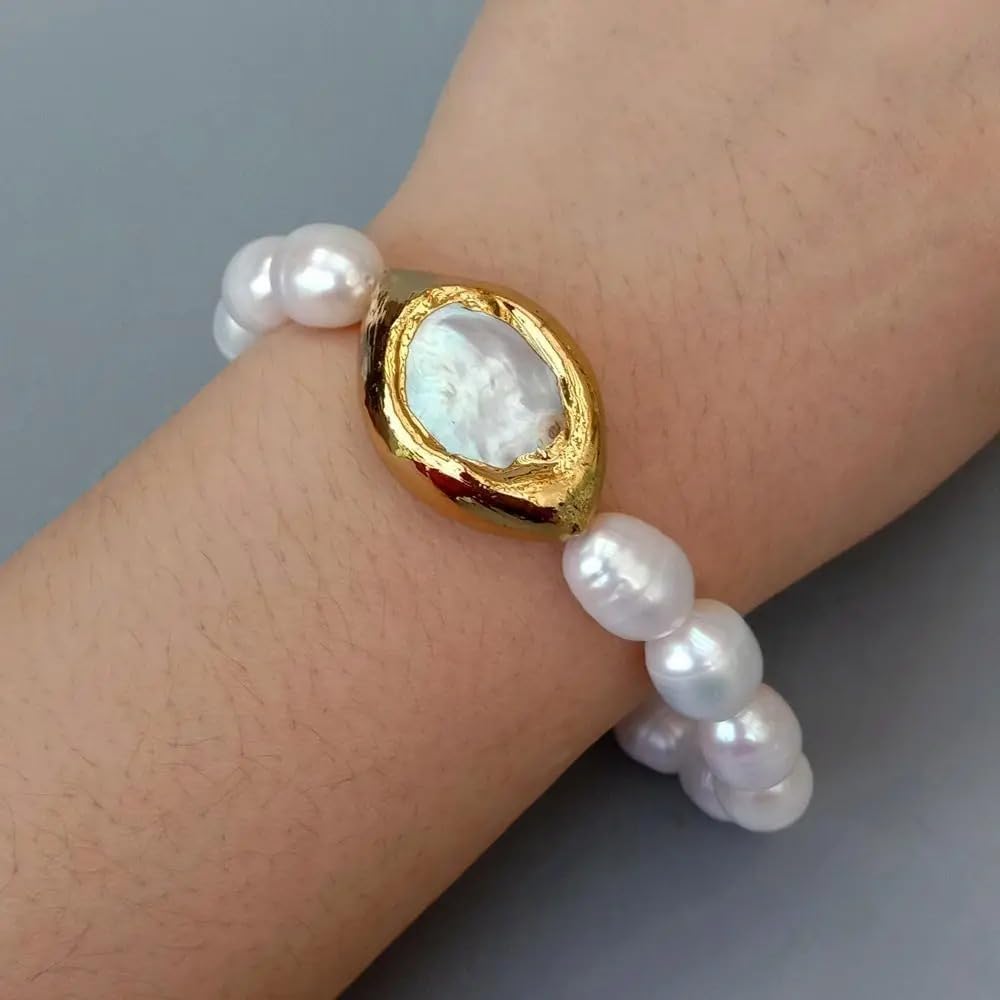 Natural White Rice Pearl Bracelet with Gold Plated Keshi Pearl Accent, Elastic