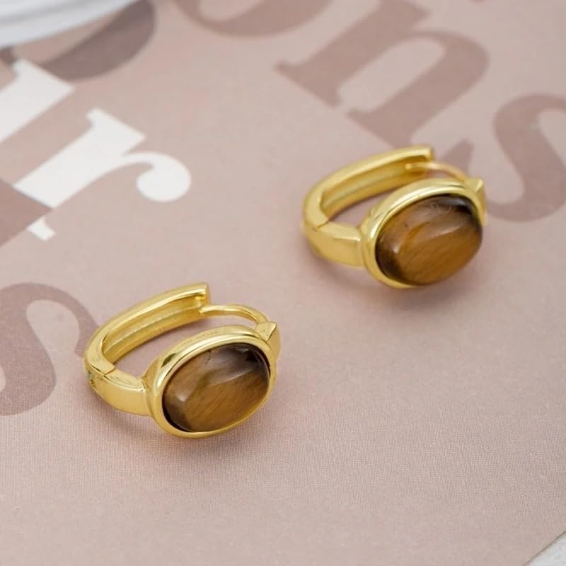 Generic Sterling Silver Tiger's Eye Oval Huggie Hoop Earrings, Gold Plated, 20x23mm, Vintage Style, Women's Casual Jewelry