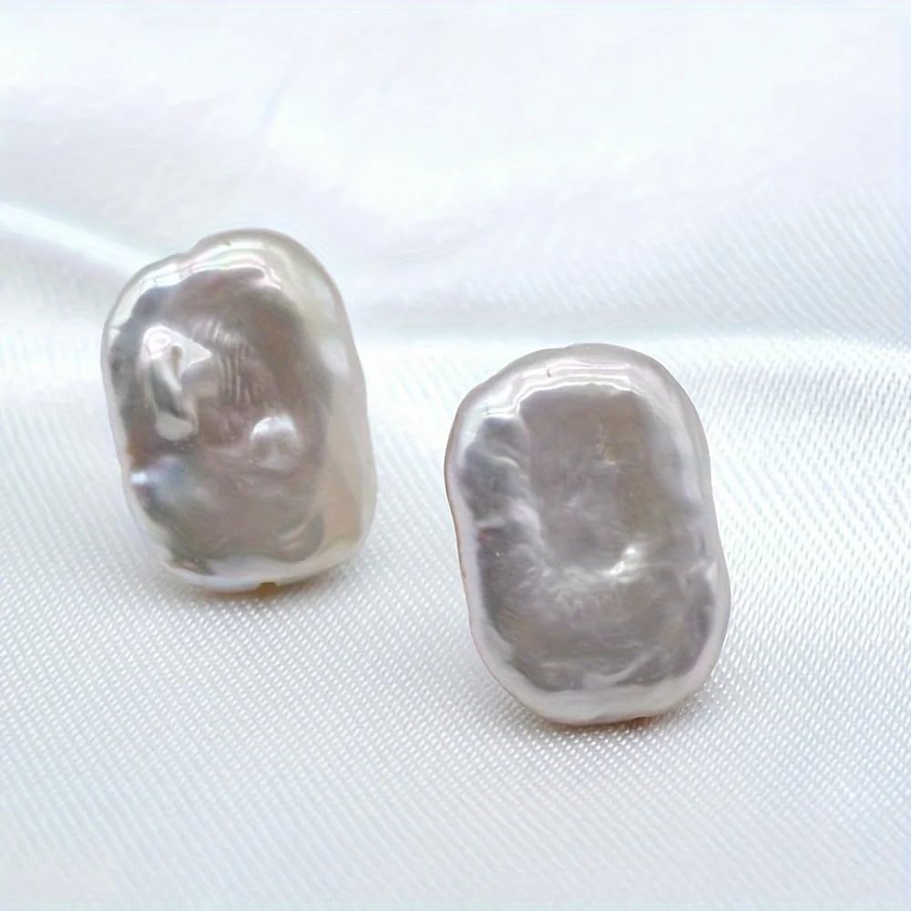 Natural Baroque Pearl Stud Earrings, White Rectangular Shape, Fashion Jewelry for Women