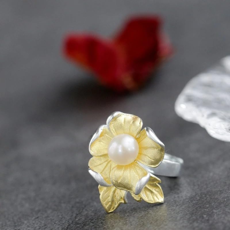 Natural Freshwater Pearl 925 Sterling Silver Ring with 18K Gold Plated Flower Design, Adjustable Open Ring