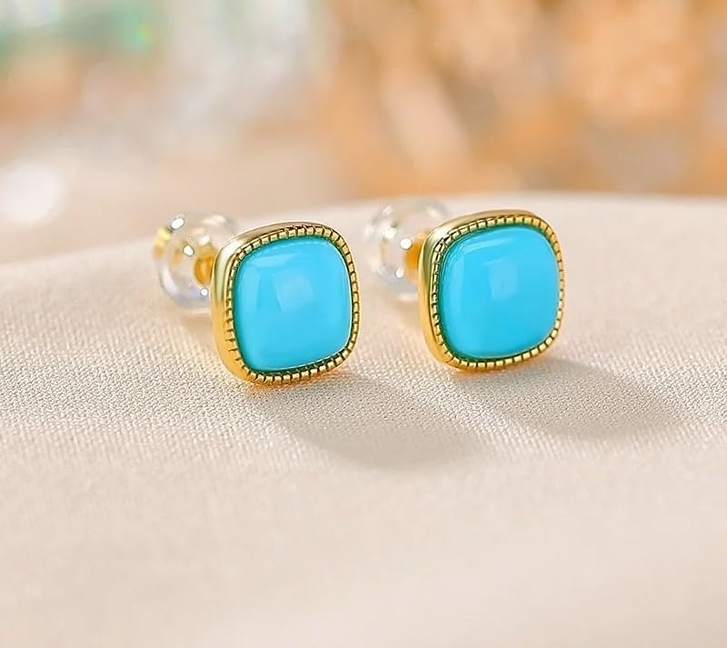 925 Silver Gold Plated Turquoise Square Stud Earrings