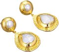 Elegant Gold Plated Natural White Keshi Pearl Teardrop Dangle Earrings, Coin-Shaped Pearl Statement Jewelry
